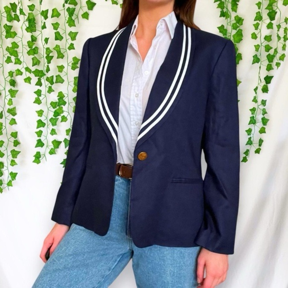VINTAGE Navy Blue Women's Blazer with White Trim